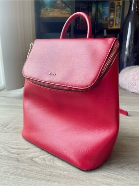 DKNY Red Leather Backpack Handbag with Gold